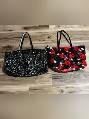 Victoria's Secret Black Star Print Tote & Black Red Rose Floral Tote